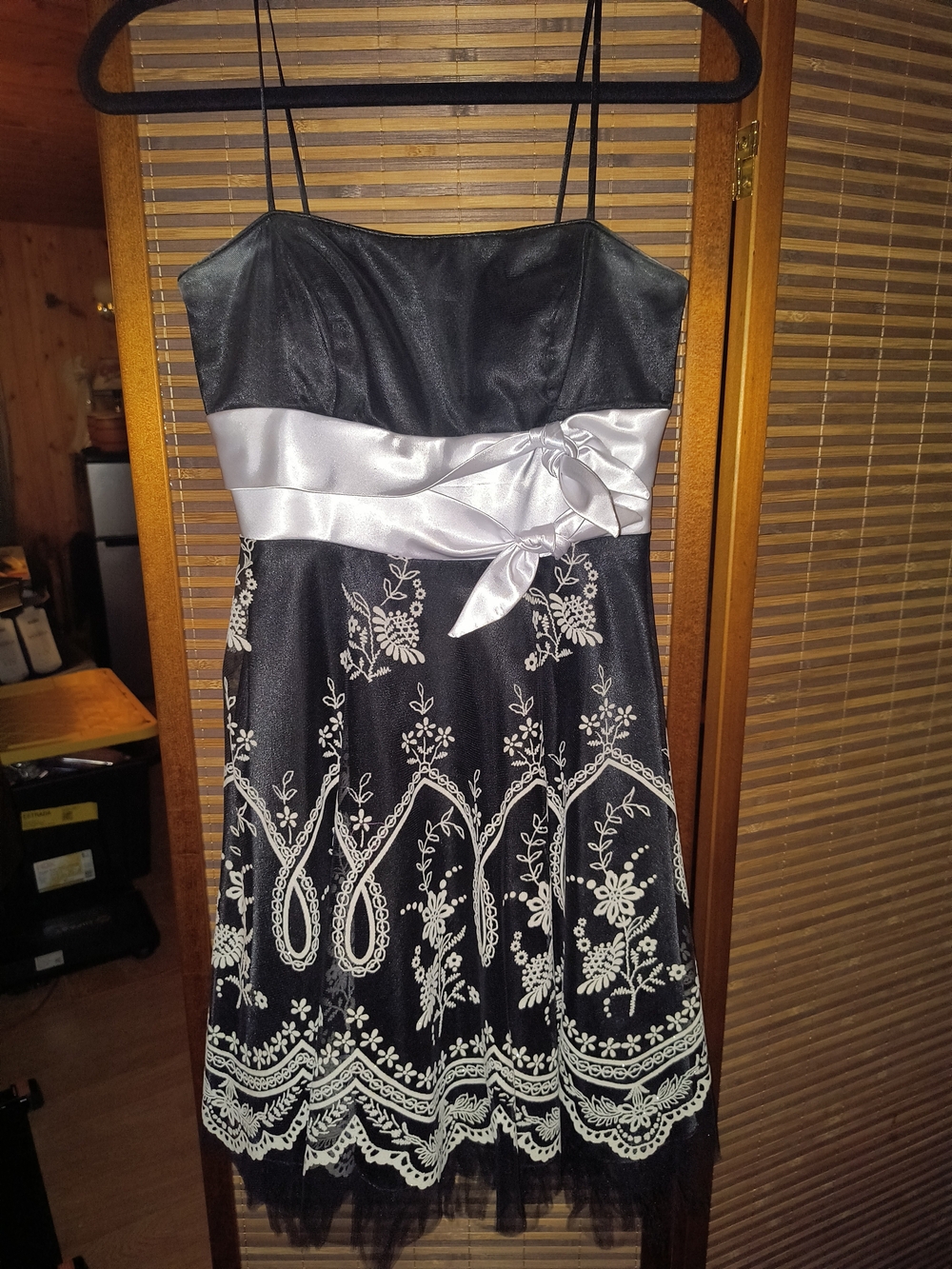 Morgan & Co. Black Strapless Embroidered Cocktail Dress with White Satin Waist